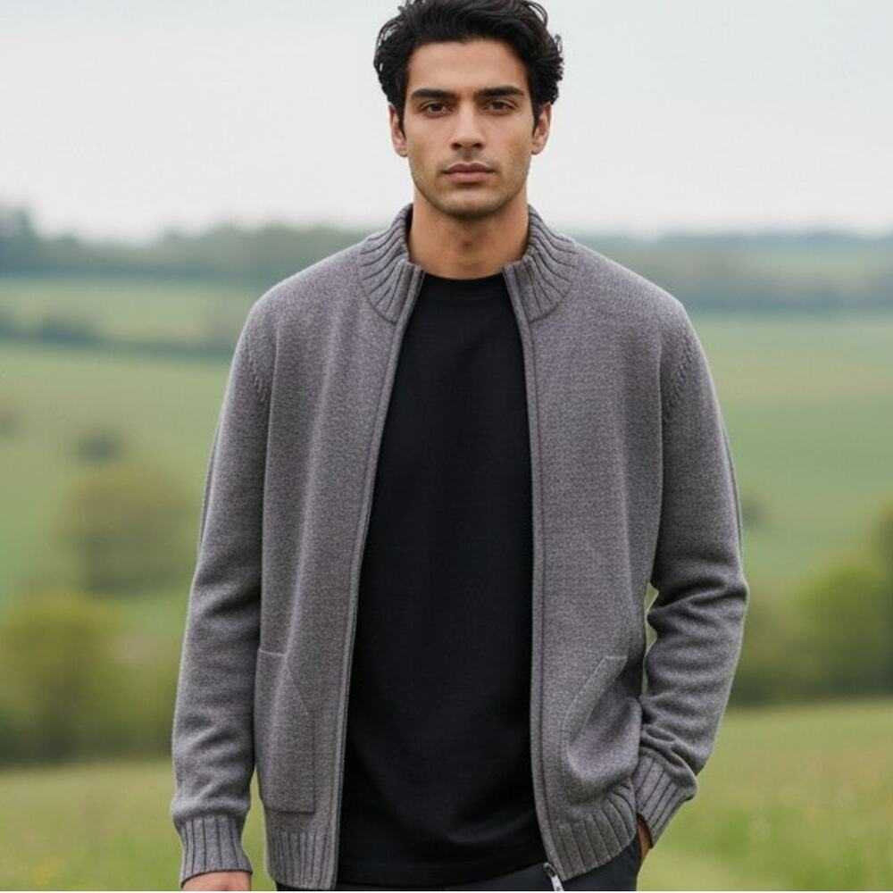 Toscano Cardigan Sweater Mens Large Gray Wool Blend Zip Grandpa Core Classic